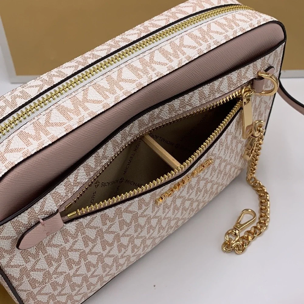 MICHAEL KORS LARGE EAST WEST ZIP CHAIN XBODY OPTIC WHITE ROSE GOLD COLOR